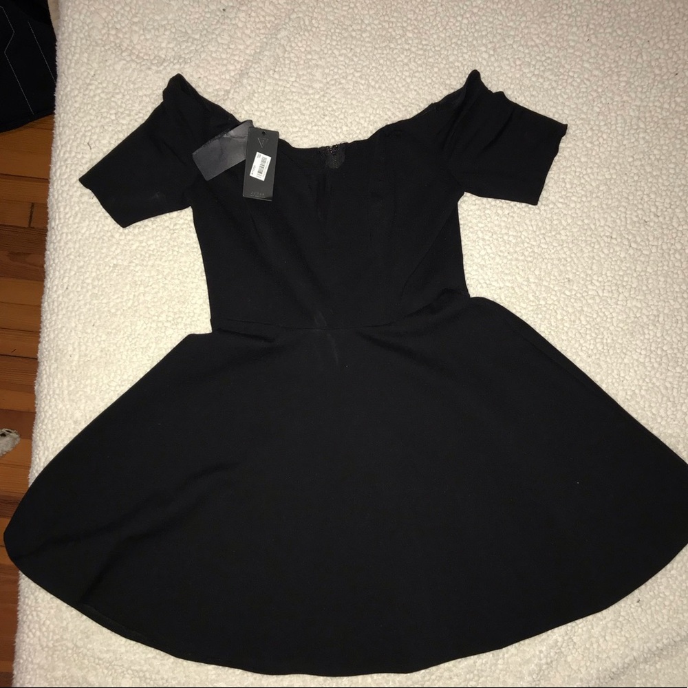 GUESS off the shoulder black skater dress